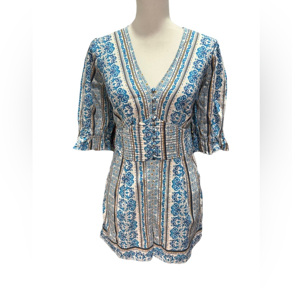 FARM Rio Anthropologie Short Fitted Romper Blue White Scrolls Short Sleeves